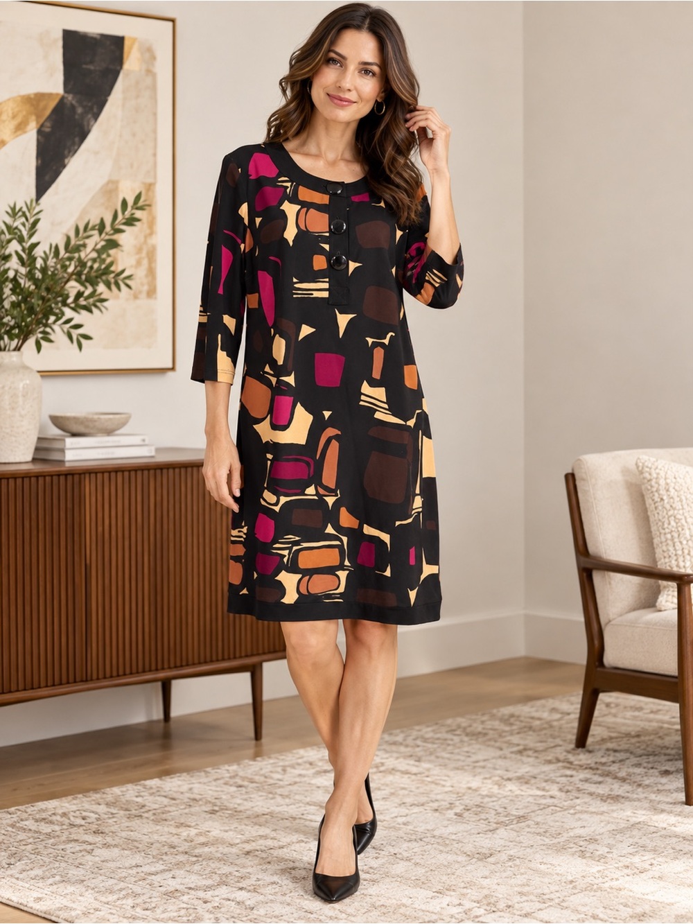 Abstract Geometric Jersey Shift Dress Mod Artsy Retro 1X